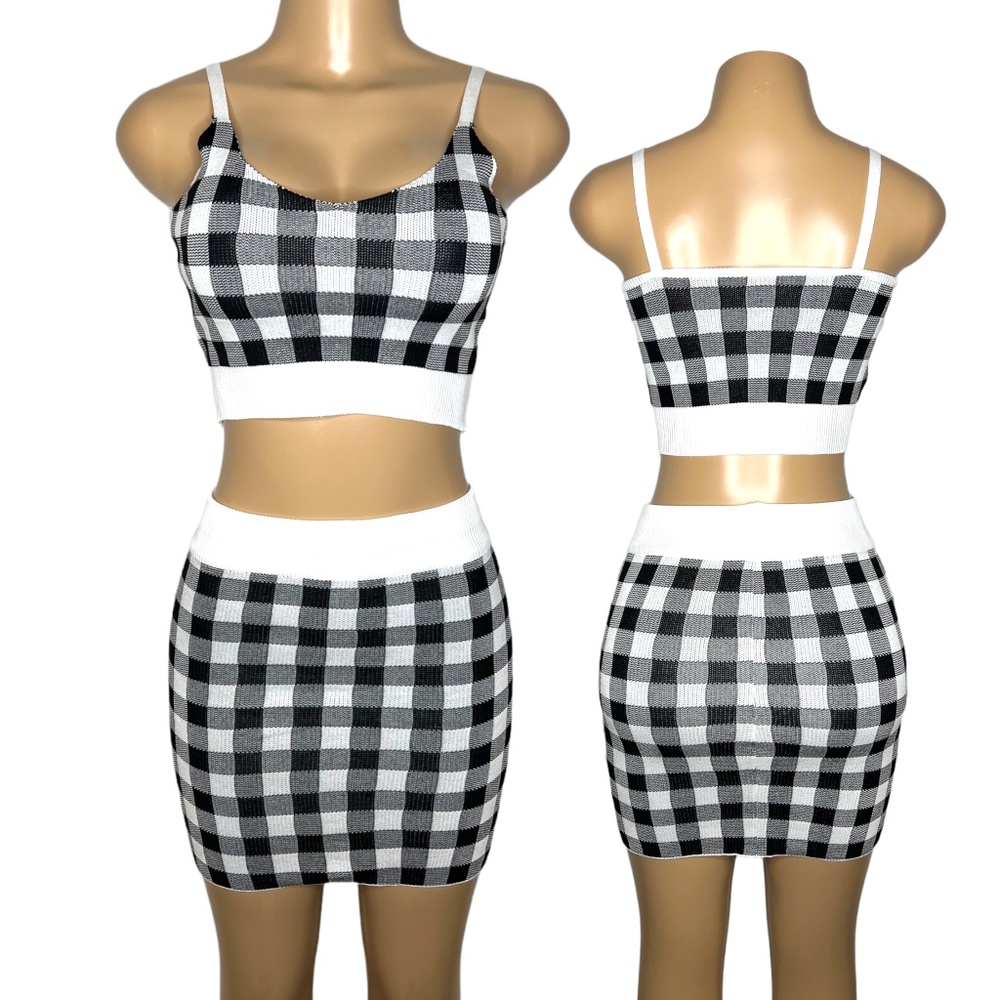 Size S Women 2 Pieces Set White and Black Stretchy Pencil Skirt and Crop Top